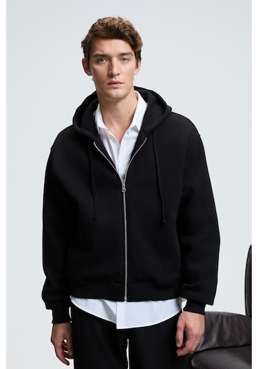 ASHBY Erkek Kapüşonlu Fermuarlı Cepli Kordonlu Regular Fit Siyah Sweatshirt