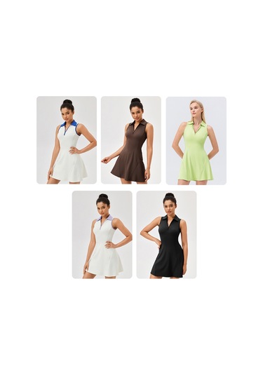 Sones Yakalı Tek Parça Tenis Etek Hızlı Kuruyan Nefes Alabilen Bel Spor Elbisesi Kahverengi