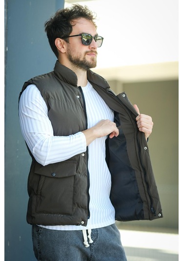 Octave Suya Dayanıklı Kapaklı Cepli Etiket Detaylı Dik Yaka Erkek Şişme Yelek Haki