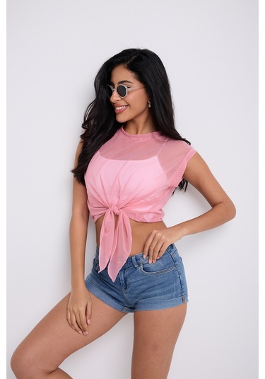 Önü Bağlamalı Tül Bluz Toz Pembe