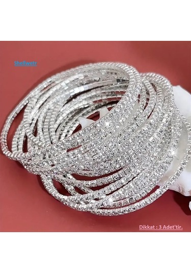 India Parlak Taşlı 3 Adet Minimal 925 Gümüş Kaplama Esnek Bileklik Çok Renkli