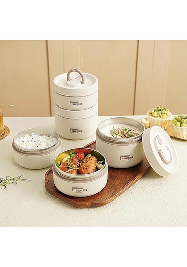 3'lü Katlanabilir Termal Yemek Kabı Seti - Izolasyonlu Taşınabilir Öğle Yemeği Saklama Kutusu, Yetişkin Ve Çocuklar İçin Pratik Yemek Taşıma Çantası Beyaz