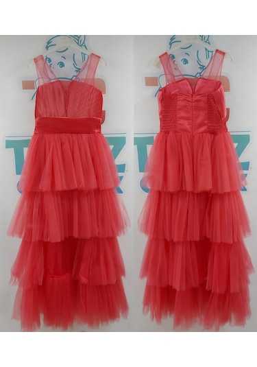 Önü Kısa Arkası Uzun Kat Kat Tül Etekli Kız Çocuk Abiye Elbise 001