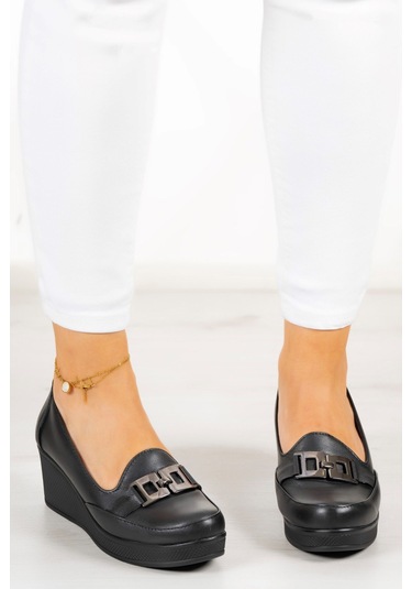 Erkan Saçmacı Dafne Siyah Hakiki Deri Dolgu Topuklu Günlük Ayakkabı