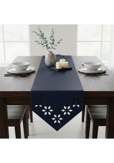 1 Adet Deri Runner-40x140 Cm-çiçek Desenli Runner Lacivert