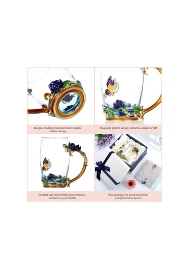 Jeemson Mavi Gül Desenli Cam Bardak Seti - 350ml Isı Dayanıklı, Çay/kahve İçin, Kadeh+kaşık+temizleme Bezi, Dekoratif lik Paket Mavi