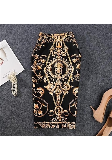 Siyah Yaz Karikatür Baskı Zarif Kalem Etek Kadın Bodycon Yüksek Bel Diz Boyu Etek Kadın Siyah