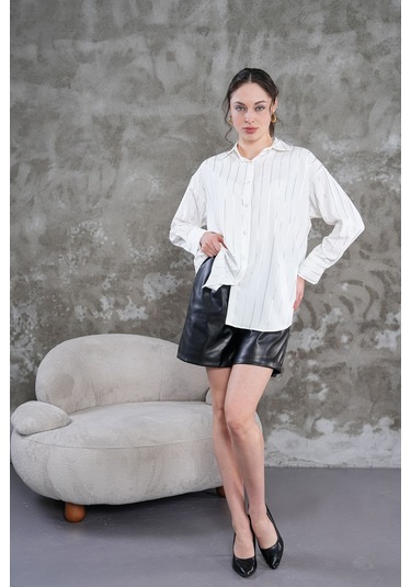 Çizgili Klasik Kadın Gömlek Beyaz