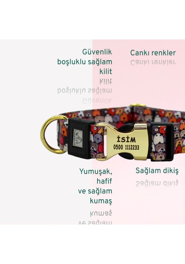 İsimli- Kişiye Özel Orta Ve Büyük Irk Ayarlanabilir Köpek Tasma M Altın - Siyah