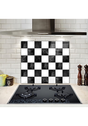 Decorita Cam Ocak Arkası Koruyucu | Damalı Desen | 52cm x 60cm