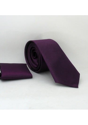 Koyu Mor Slim Fit Düz Renk Mendilli Saten Kravat - SS-21 Diğer Mor