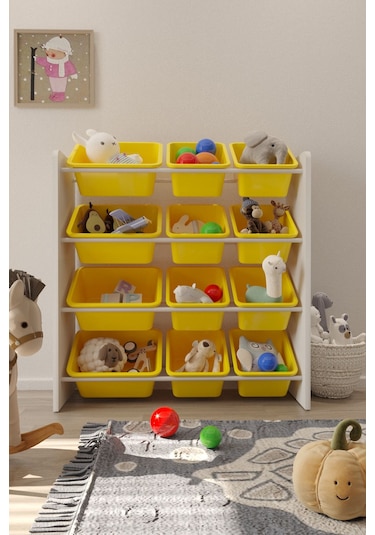 12 Sepetli Çok Amaçlı Oyuncak Dolabı Montessori Dolap Sarı