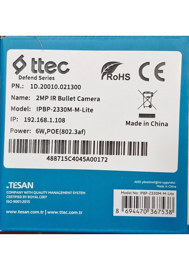 Ttec Ipbp-2330m-m-lite 2mp 2.8mm Sabit Lensli Ir Ip Bullet Kamera