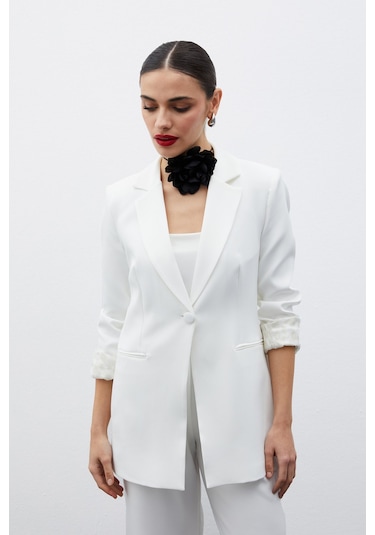 Sateen Mono Yaka Klasik Ceket - Ekru