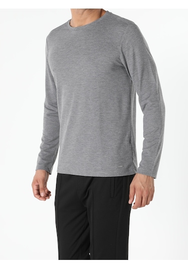 Colins Regular Fit Bisiklet Yaka Erkek Gri Melanj Uzun Kol Tişört 001