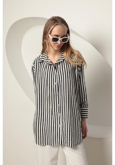 Chıcnhappy Poplin Kalın Çizgi Kadın Gömlek Siyah 24pn50610147 Siyah