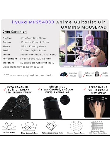 İlyuka 40x30cm Gaming Oyuncu Mousepad Anime Guitar Girl Mp254030