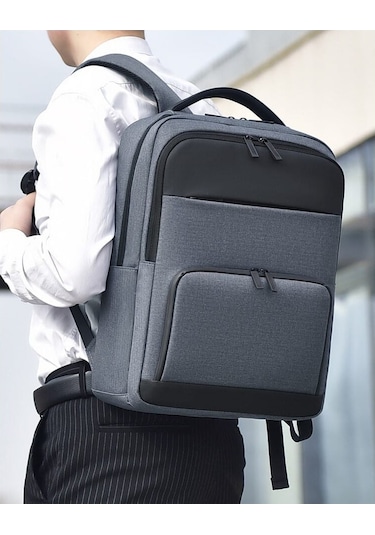 Senshidun-6012 Çok Amaçlı Usb Şarj Portlu 16" Laptop Sırt Çantası Gri Mavi