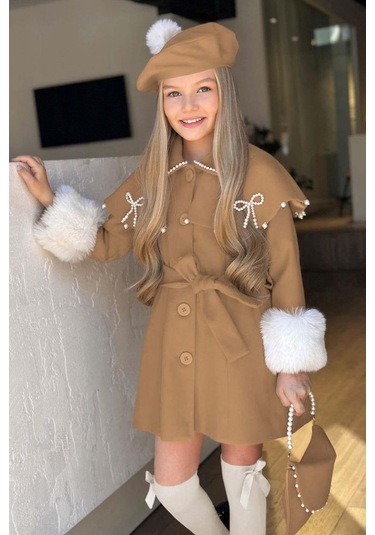 Riccotarz Kız Çocuk Boydan Yakası İnci Taş İşlemeli Şal Detaylı Kemerli Bej Kaşe Bej