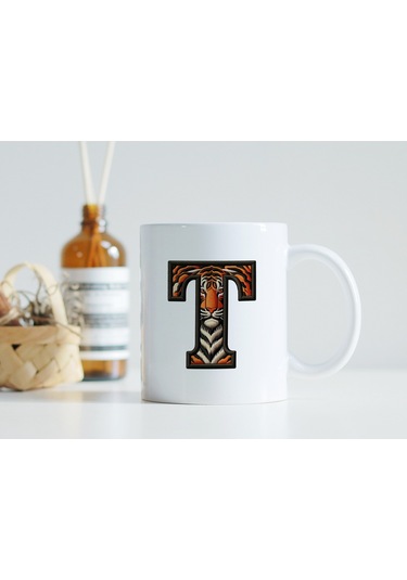 T Harfi Kaplan Figürlü Nakış Desenli Kupa Bardak - Kişiye Özel Vahşi Hayvan Desenli Kupa - Hediye Beyaz