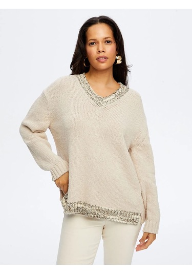 Faik Sönmez V Yaka Pamuklu Kadın Triko Bluz W26trb010 Taş