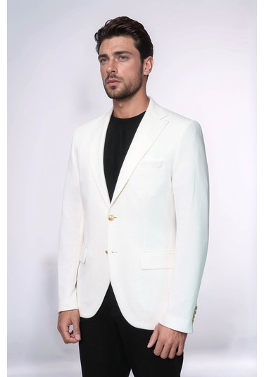 Ekru Kedinden Desenli Örme Altın Renk Metal Düğmeli Slim Fit Erkek Blazer Ceket - Wessi Blue Ekru Kedinden Desenli Örme Altın Renk Metal Düğmeli Slim Fit Erkek Blazer Ceket - Wessi Blue