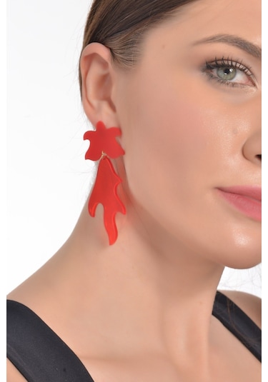 Kadın Kırmızı Pleksi Tasarım Alev Küpe Kırmızı