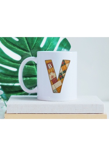 V Harfi Sonbahar Kış Temalı Yamalı Tasarım Kupa Bardak - Etnik Ve Pathwork Severlere Özel Hediye Beyaz