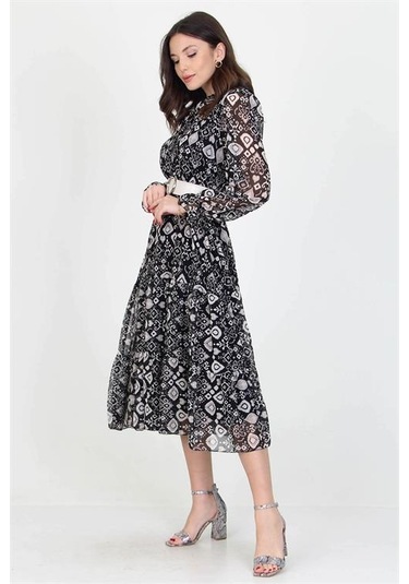 Neşeli Butik Kadın Kemerli Yakası Bağlama Detaylı Desenli Şifon Elbise Rssn02 Siyah