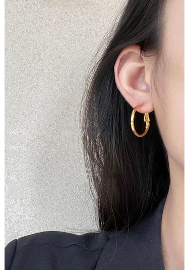 By Zeyna Aksesuar Kadın 316 L Çelik 3 Cm Halka Küpe-5061 Altın