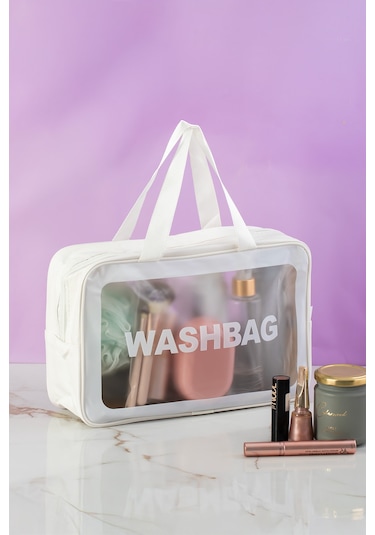 Porsima 3142-1 Şeffaf - Beyaz Seyahat Ve Makyaj Çantası Su Geçirmez Organizer Washbag 20x30cm