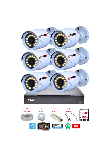 Fury 6 Lı Gece Renkli Görüş Güvenlik Kamerası Full Hd-su Geçirmez Güvenlik Kamerası Seti 250gb