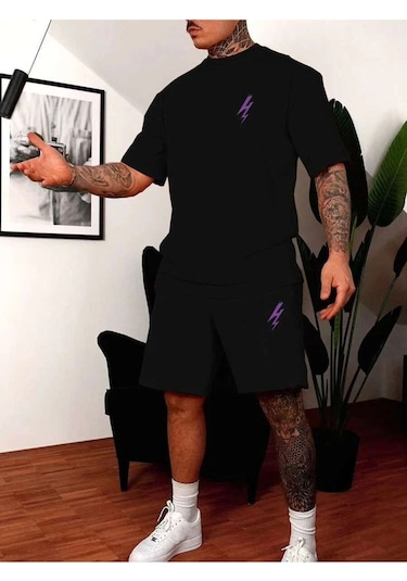 Siyah Şort Tişört Takım Baskılı Oversize Unisex Siyah-277961