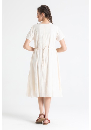 Kısa Kol Şile Bezi Lalezar Nakışlı Midi Boy Elbise Krem Krm-krem