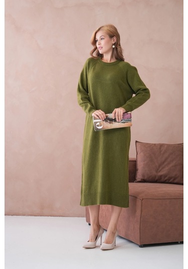 Kadın Bisiklet Yaka Yumuşak Dokulu Maksi Boy Şardonlu Oversize Triko Elbise 8324sw Haki