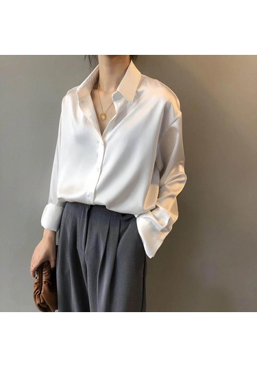 Kadın Günlük Düz Renk Düğmeli Gömlek Retro Uzun Kollu Asılı Üst Beyaz