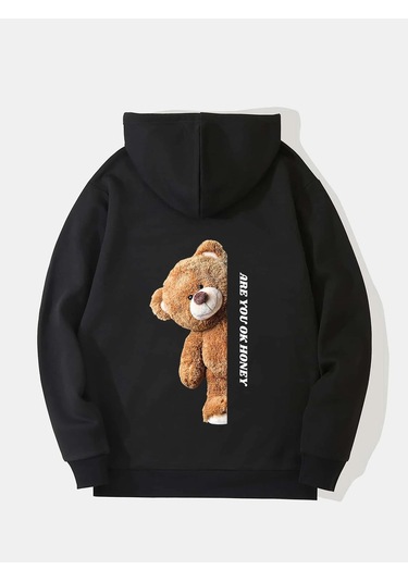 Unisex Are You Ok Honey Baskılı Kapüşonlu İçi Yumuşak Polarlı Oversize Sweatshirt - Siyah Siyah