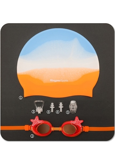 Kingpousports K9002 5'i 1 Arada Çocuk Buğu Önleyici Dalış Yüzme Gözlüğü + Yüzme Şapkası + B Kulak Tıkacı + Yüzücü Gözlüğü 52301371 Çok Renkli