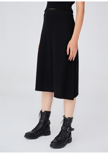 Peraluna Kloş Kesim Kaşmir Karışım Diz Altı Triko Etek Siyah Siyah