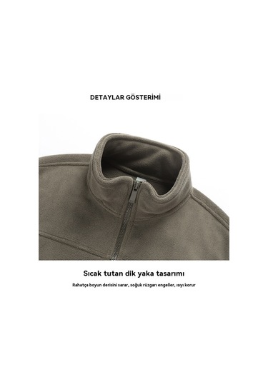 Kalınlaştırılmış Polar Dik Yaka Hırka Kolsuz Yelek Ceket Koyu Yeşil