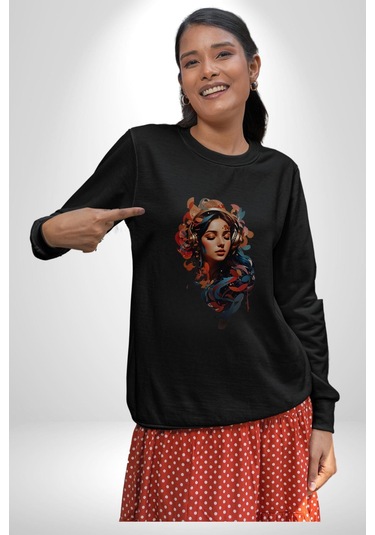 Müzik Dinleyen Kulaklık Yaprak Saçlı Renkli Unisex Siyah Baskılı Sweatshirt Siyah