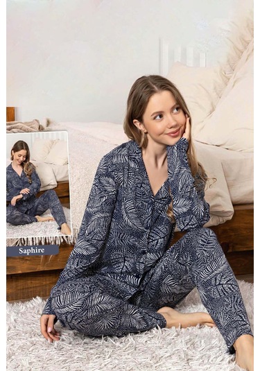 Kadın Yaprak Desen Düğmeli Saphire Pijama Takımı 0332 Lacivert Lacivert