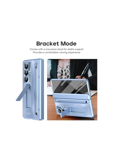 Samsung Galaxy Uyumlu Z Fold7 5g Kılıf, Temperli Cam Filmli, Kalemli, Ayaklı Menteşeli Pc Telefon Kılıfı - Mavi Mavi