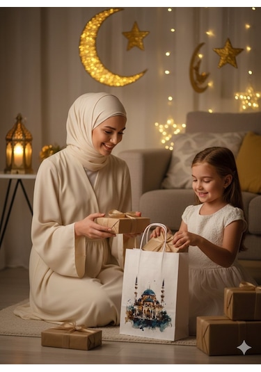 Ramazan Hediyelik Paketleme Çantası, 3lü Paket, Cami Tasarımlı Be
