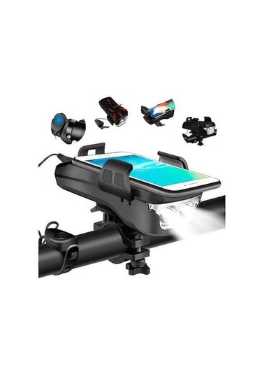 Dancemonkey 4'ü 1 Arada Şarj Edilebilir Bisiklet Farı - Su Geçirmez Telefon Tutucu, Led Işık Ve 130 Desibel Korna İle Güvenli Sürüş, Siyah Siyah