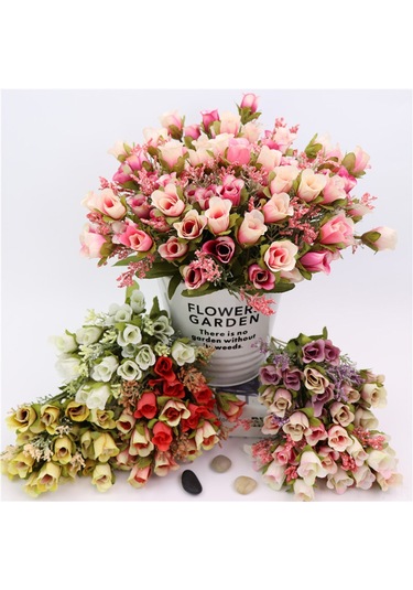 Geeksen 20 Adet Mini Yünlü Plastik Gül Buketi - Ev Dekorasyonu, Partiler, Nikahlar İçin Sürekli Taze, Bordo Renkli