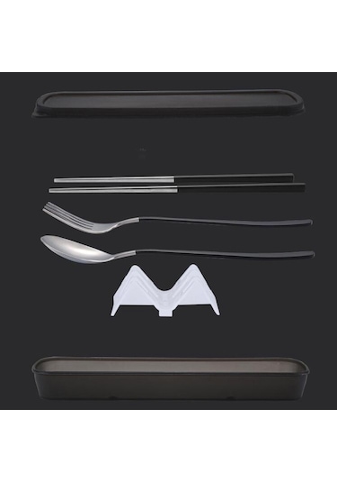 Sones 3 Adet / Set Taşınabilir Paslanmaz Çelik Sofra Takımı Yaratıcı Set Çubuk Kaşık Çatal Hediye, Renk: Siyah