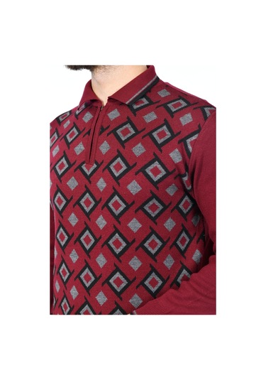 Kamalı Erkek Çelik Örgü Gömlek Yaka Fermuarlı Polo Yakalı Kazayağı Tüylenmeyen Triko Kışlık Baba Kazak Bordo