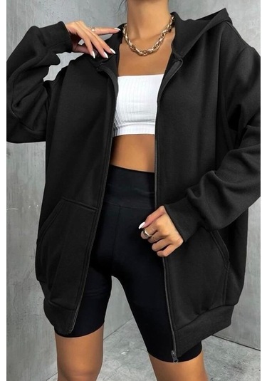 Modagen Unisex Oversize Fermuarlı Sweat Hırka Siyah