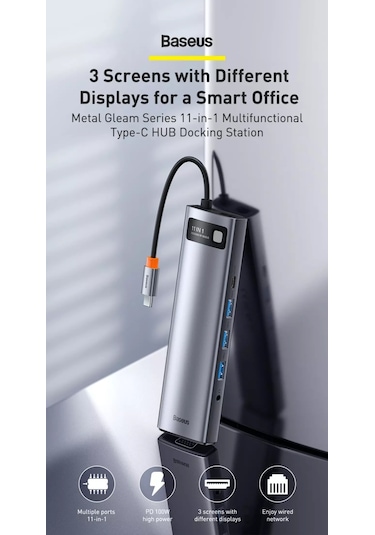 Baseus Metal Gleam 11in1 Multifonksiyonel Type-C Hub Dock Station